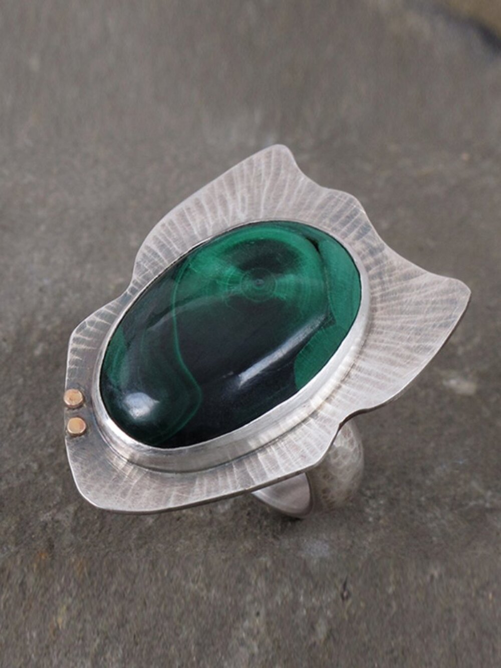 Sterling Silver 925, 14k Gold, and Malachite Ring, Size 7 1/2